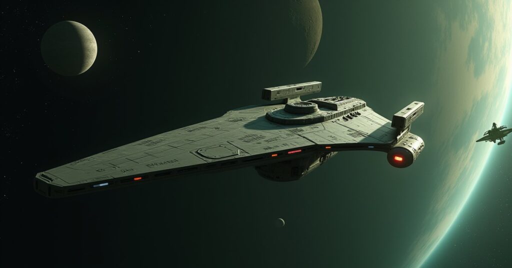 A starship patrolling past ringed planets in a quiet Romulan system in Star Trek Fleet Command
