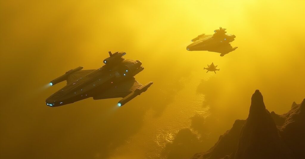 Gorn warships menacing a colony in toxic haze as a Federation ship moves in, in Star Trek Fleet Command