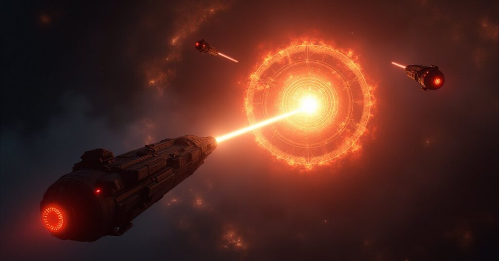A starship approaching a spatial anomaly guarded by Orion ships in Star Trek Fleet Command