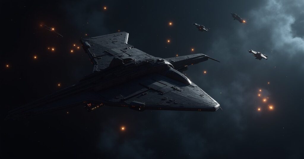 A Klingon Bird-of-Prey firing on hostile ships inside a dark nebula in Star Trek Fleet Command