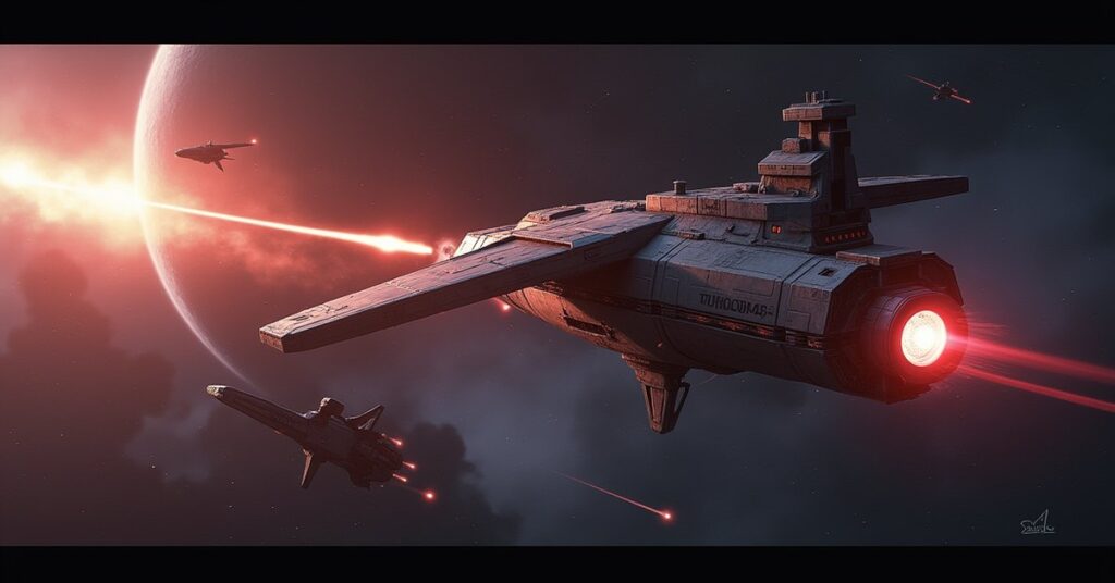 A starship ambushing a merchant ship near a glowing energy pulse in Star Trek Fleet Command