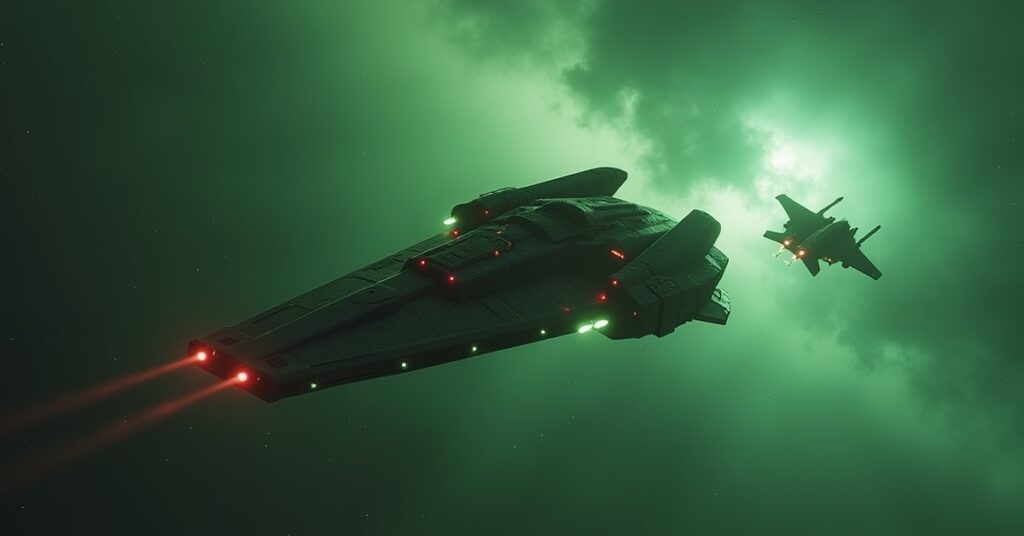 A Klingon battlecruiser chasing a Romulan warbird into a green nebula in Star Trek Fleet Command