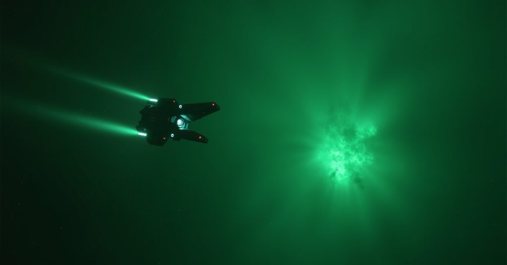A starship facing a Borg scout vessel in green-lit Borg space in Star Trek Fleet Command