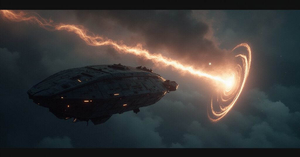 An Independent ship shields a damaged refugee vessel from an Aeonian attacker in Star Trek Fleet Command