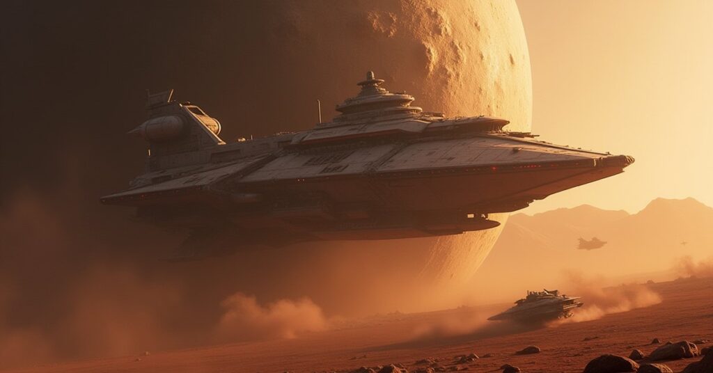 A starship hiding behind an asteroid as a collector ship approaches a decoy shuttle in Star Trek Fleet Command