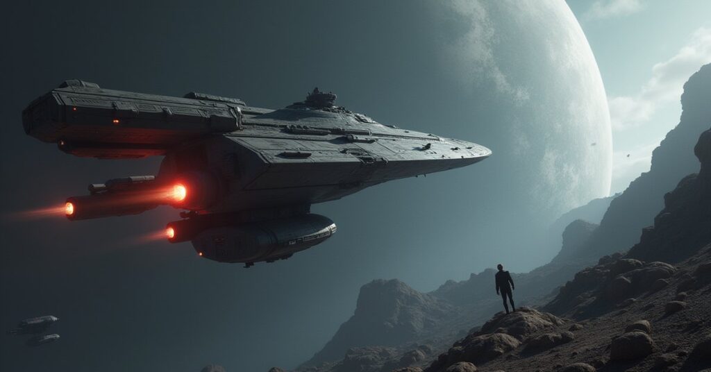 A starship firing on a Klingon battlecruiser as a mercenary ship waits nearby in Star Trek Fleet Command