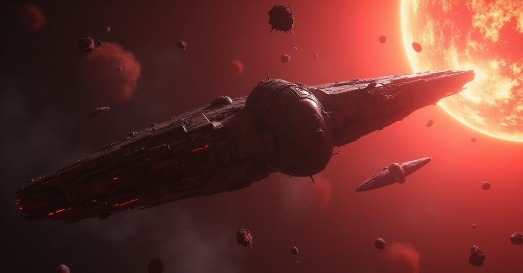 A starship closing in on a damaged decoy vessel among drifting wreckage in Star Trek Fleet Command