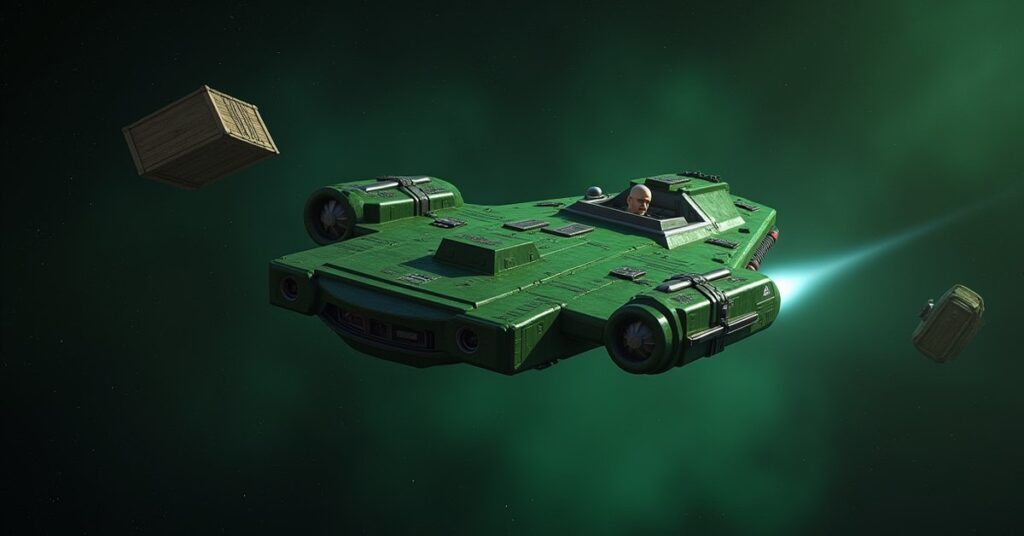 A Romulan ship ambushes a lone starship beside a cargo container in Star Trek Fleet Command