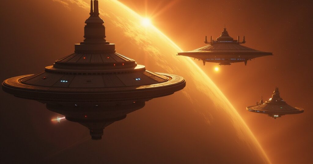 Federation, Romulan and Klingon starships meeting at a neutral station over a golden planet in Star Trek Fleet Command