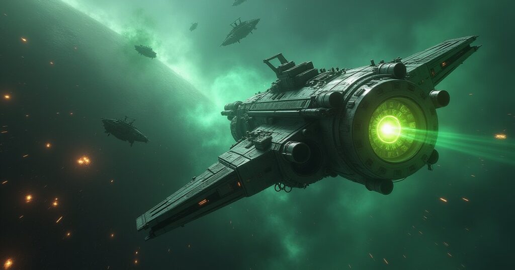 A starship defending a damaged space station from a Borg vessel in Star Trek Fleet Command
