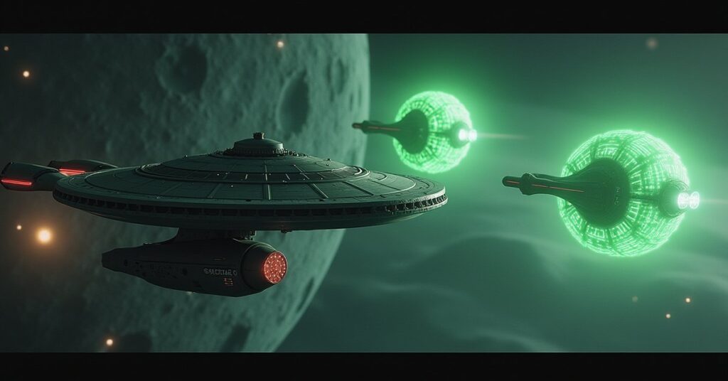 Federation and Klingon ships attacking two Borg vessels over a shattered moon in Star Trek Fleet Command