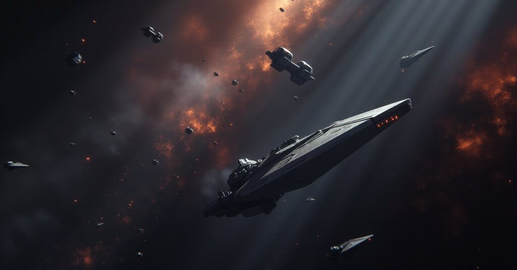 Klingon Separatist warships gathering near a satellite defense grid in Star Trek Fleet Command