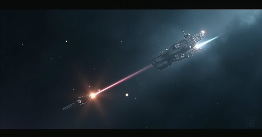 A starship chasing a trader freighter along a warp trail with a pirate closing in, Star Trek Fleet Command