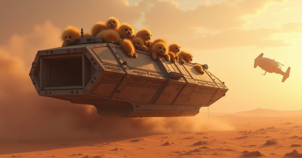 A Klingon cargo hauler full of tribbles near a desert planet as a warship takes aim in Star Trek Fleet Command
