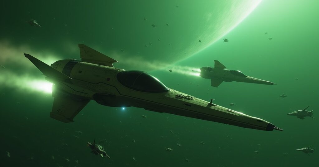 A Romulan warbird and a starship fighting a swarm of small alien ships in Star Trek Fleet Command