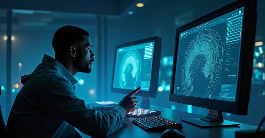 Two engineers tracing a holographic signal on a research lab console in Star Trek Fleet Command