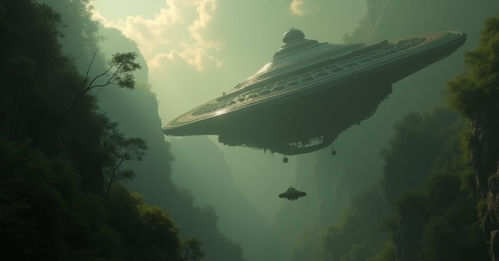 A shuttle descending to a jungle planet as an alien ship looms in orbit in Star Trek Fleet Command