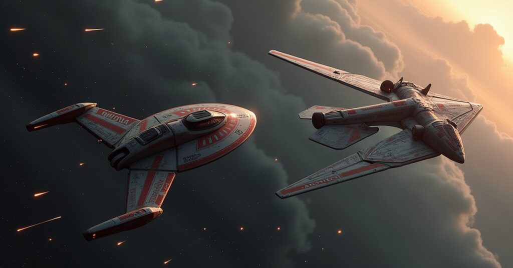 A new Romulan interceptor and a starship attacked by a Klingon cruiser in Star Trek Fleet Command