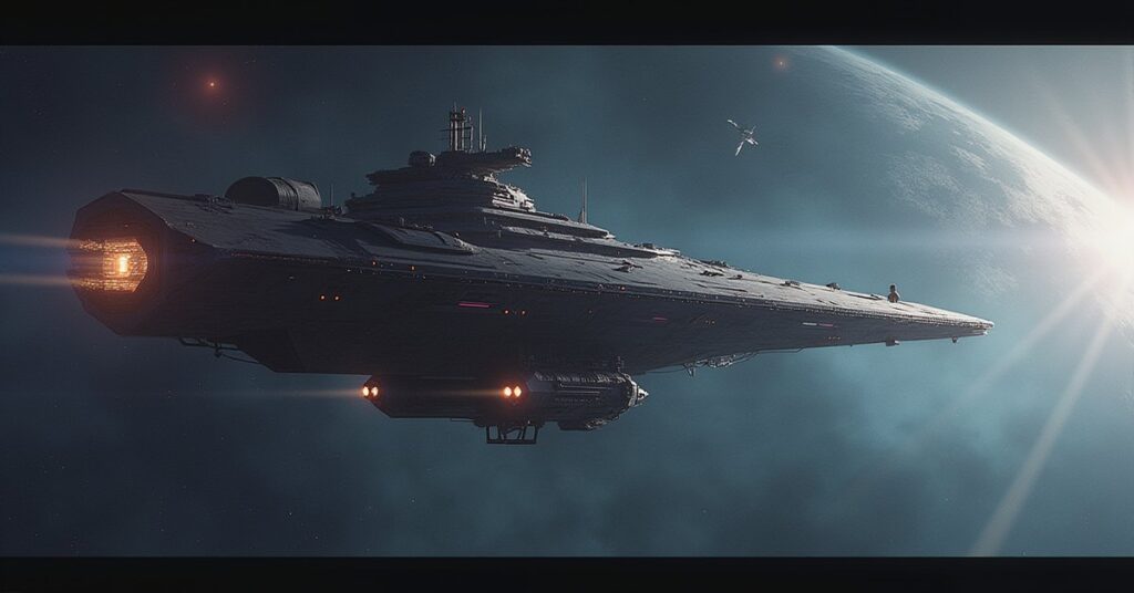 A starship beaming a rescued girl away from a pirate ship in Star Trek Fleet Command