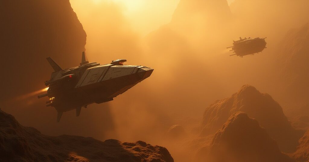 A mining ship in an asteroid field as a shuttle slips by in Star Trek Fleet Command