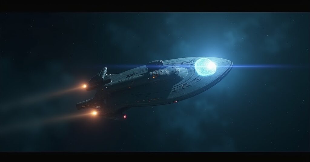 A starship arriving in Federation space with an AI hologram on the viewscreen in Star Trek Fleet Command