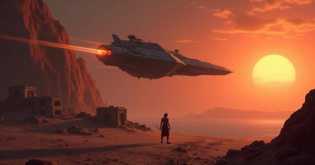 A starship ferrying a prisoner past a Nausicaan outpost toward a distant homeworld in Star Trek Fleet Command