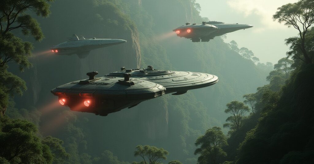 A Romulan warbird facing three Gorn warships above a jungle planet in Star Trek Fleet Command