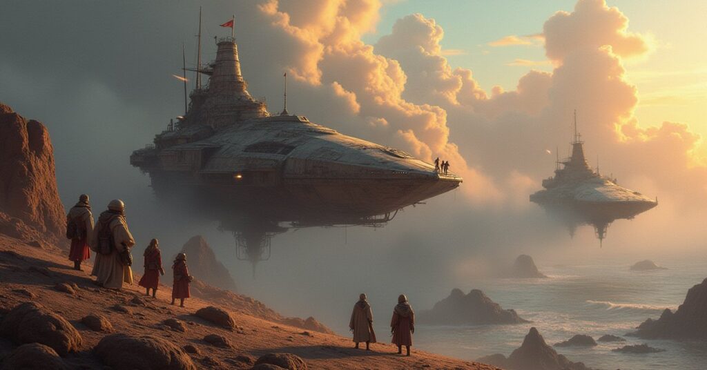 A Nausicaan raider ship watching rival ships fight near an outpost in Star Trek Fleet Command
