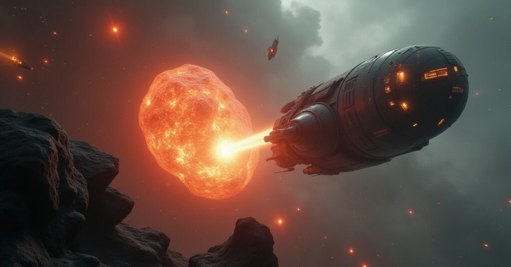 A mining starship drilling a glowing dilithium asteroid beside a wrecked security ship in Star Trek Fleet Command
