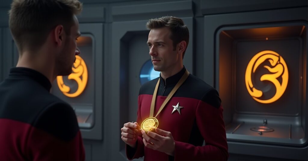 A starship captain receiving a faction commendation medal on a bridge in Star Trek Fleet Command