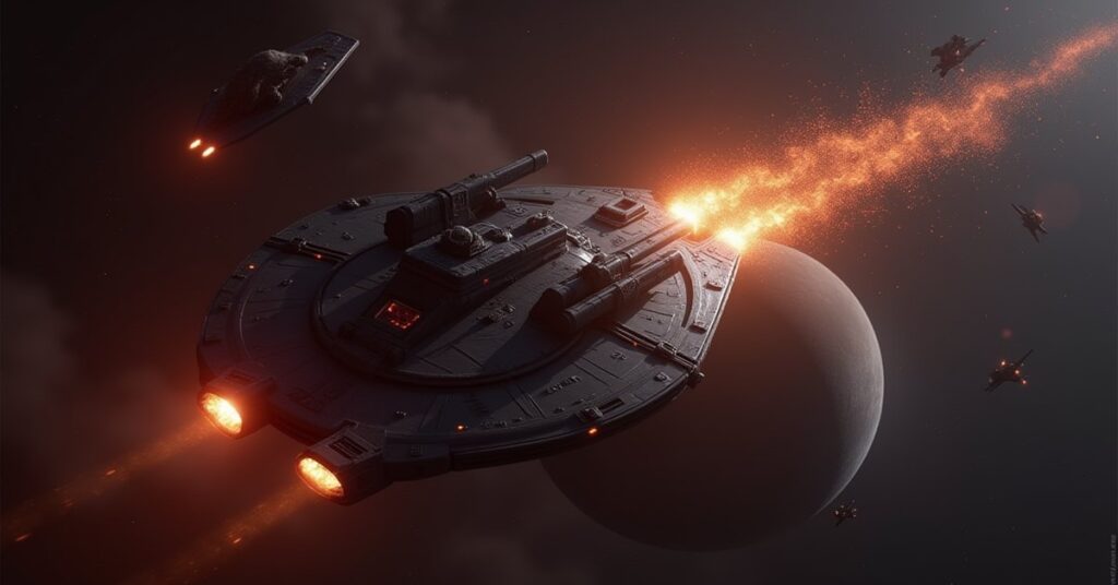 A starship fighting a group of pirate raiders above a frontier planet in Star Trek Fleet Command