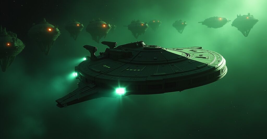 A Klingon warship attacking a Suliban fleet in deep space in Star Trek Fleet Command