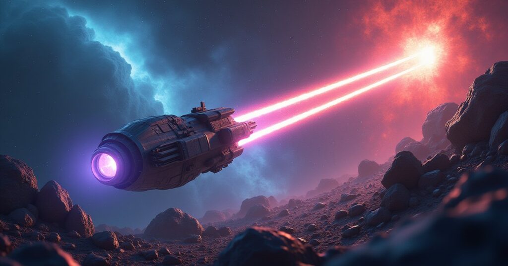 A mining starship harvesting glowing resources from an asteroid field in Star Trek Fleet Command
