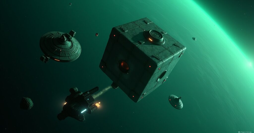 Federation, Romulan and Klingon warships attacking a Borg Cube over the Torana system