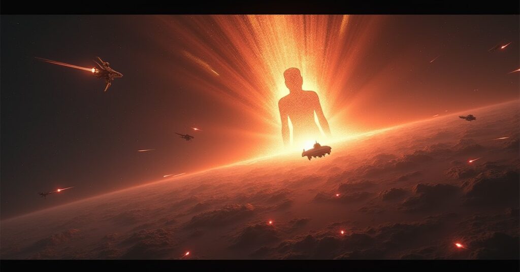 A godlike energy entity looms over a star system as cultist ships surround a trapped Starfleet vessel