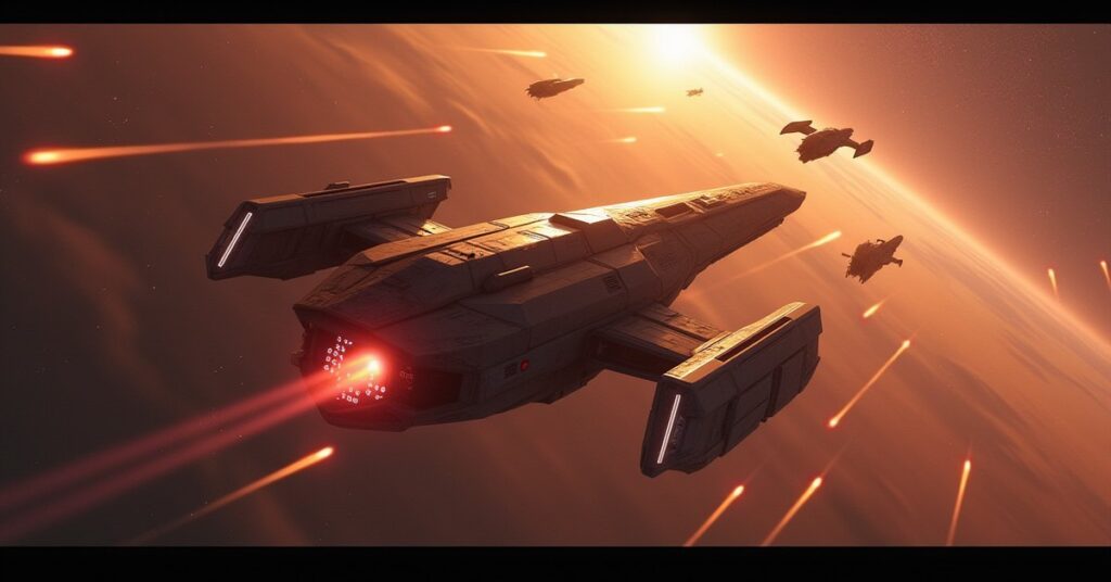A Starfleet ship fighting insect-like alien ships near a glowing colony world