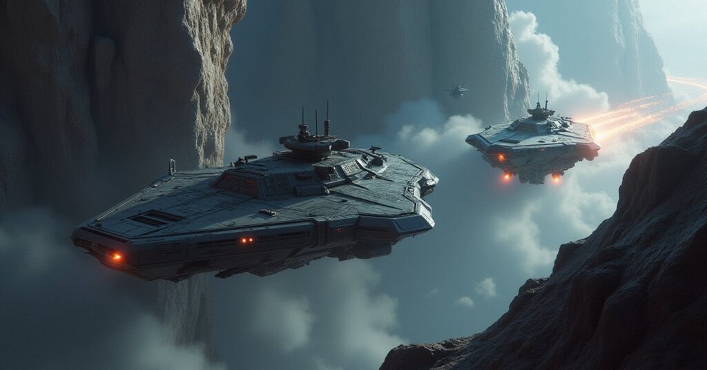 A starship towing recovered ships out of an asteroid hideout in Star Trek Fleet Command