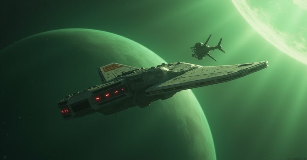 A starship defending a Romulan shuttle from a Swarm ship in Star Trek Fleet Command