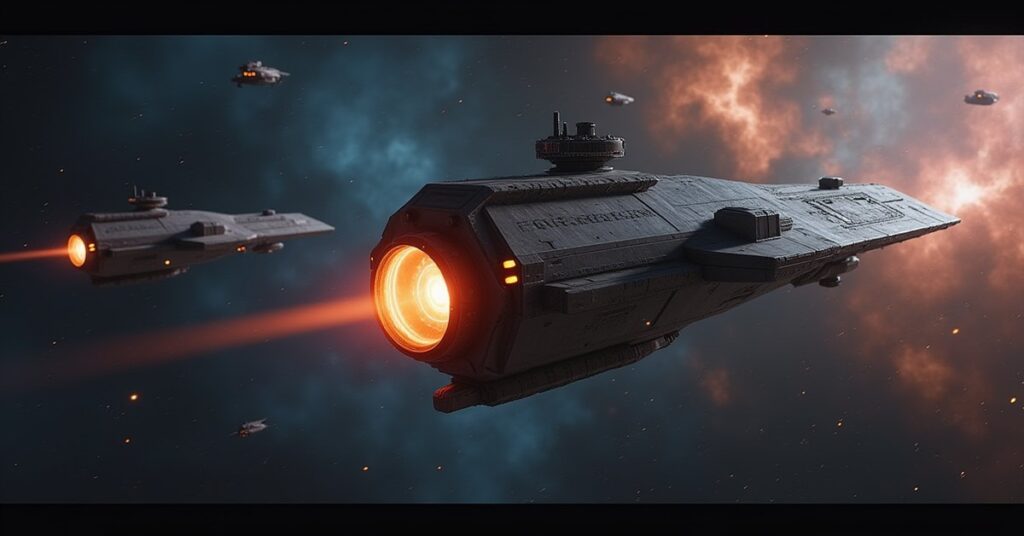 A starship towing a shield generator while being chased in Star Trek Fleet Command