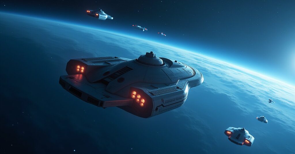 A Federation starship carrying relics toward a blue planet as mercenaries approach in Star Trek Fleet Command