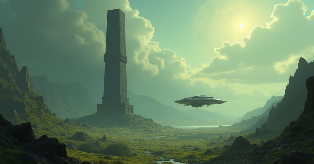 An ancient obelisk on a green alien world scanned by a starship in Star Trek Fleet Command