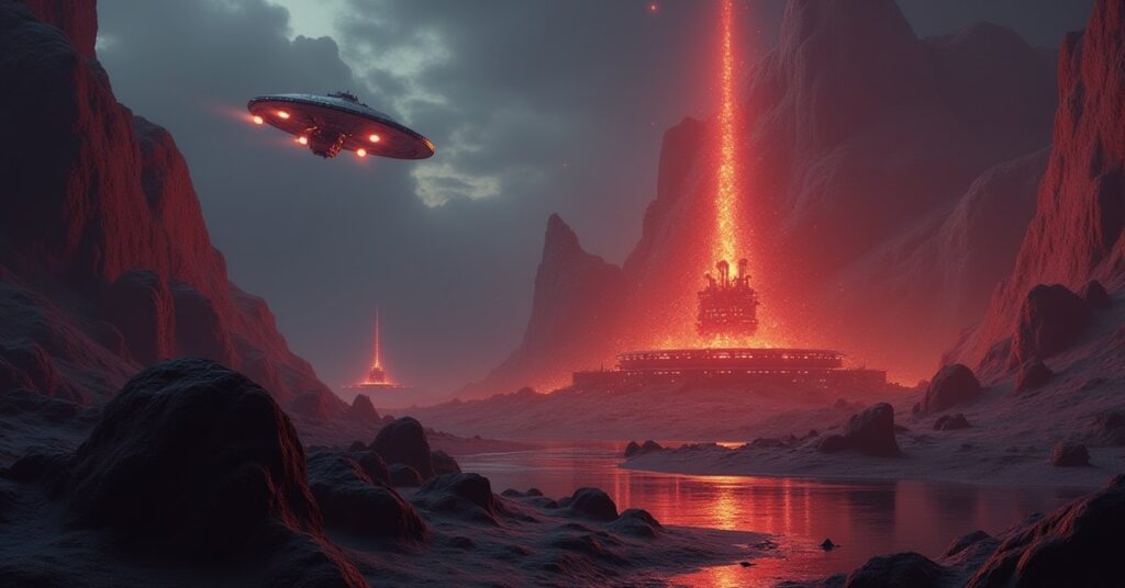 A starship above a glowing dilithium mine on an asteroid in Star Trek Fleet Command