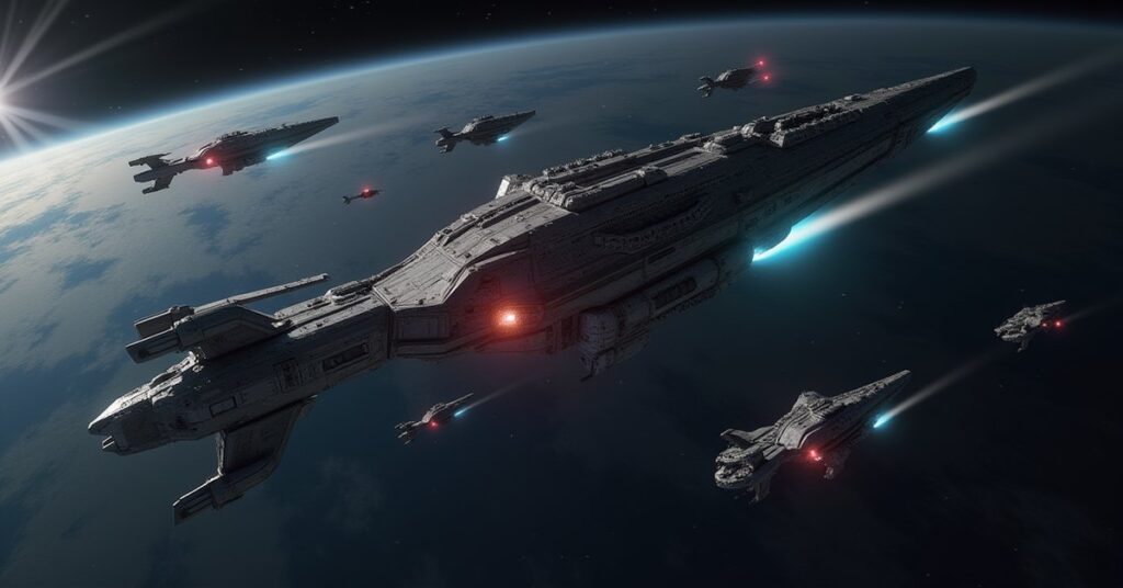 A rebel fleet led by the ISS Defiant attacking a Terran imperial flagship above Earth