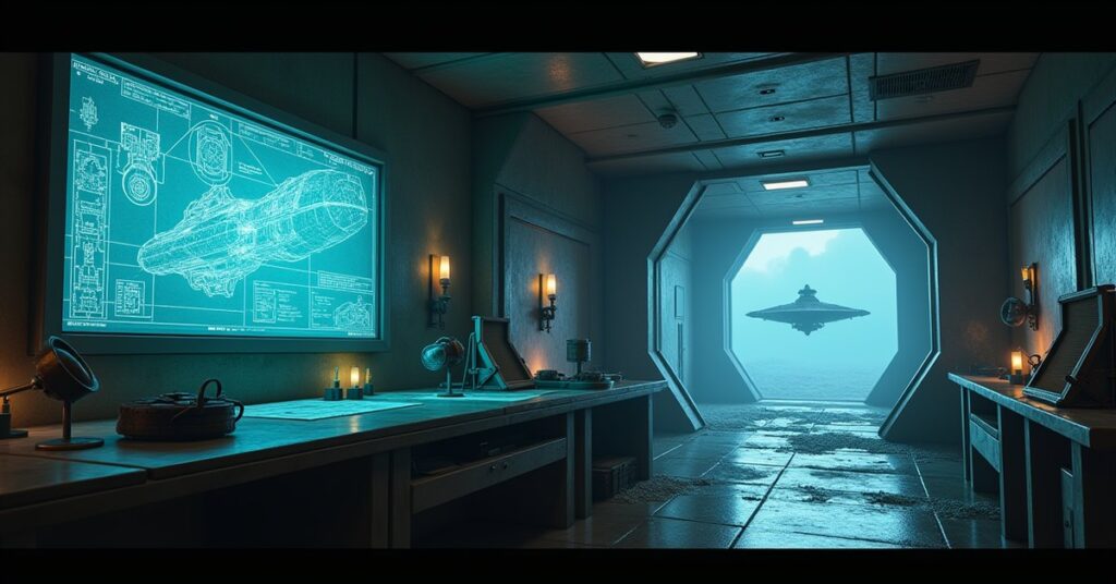 A Romulan lab with glowing stolen blueprints as a thief's ship flees through a mining field