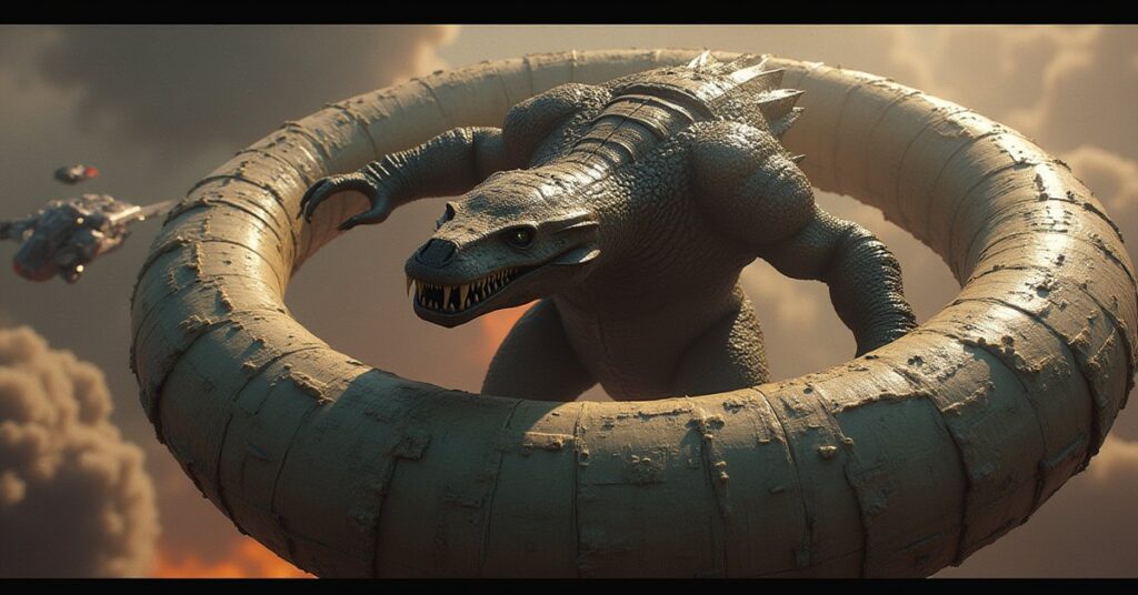 A Gorn warship closing on a spiral Suliban station while a starship defends it in Star Trek Fleet Command