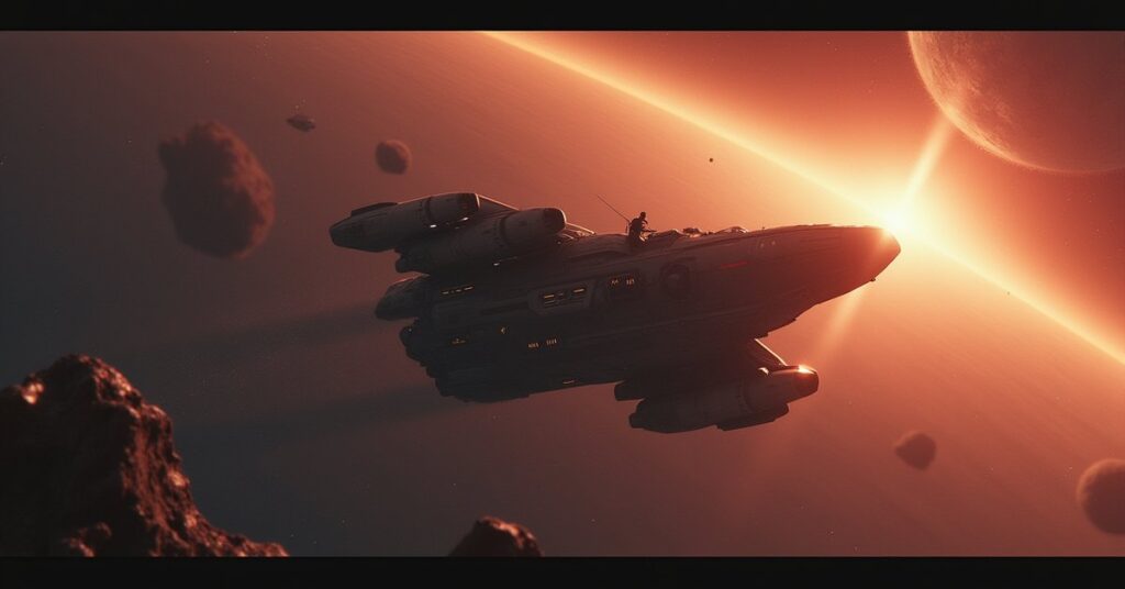 A cloaked shuttle hovers over a war-torn pre-warp planet as a spatial distortion glows in orbit