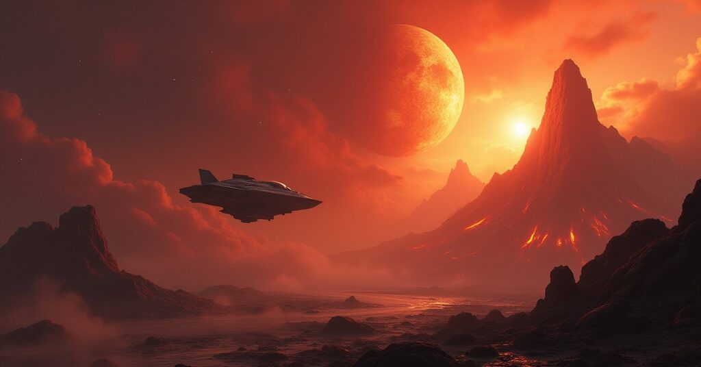A small starship ferrying a shuttle away from a volcanic planet in Star Trek Fleet Command