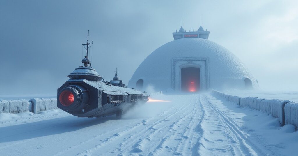 A Klingon ship over a frozen prison colony with a warp trail leading away in Star Trek Fleet Command