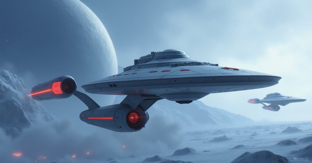 A starship escaping a frozen prison planet with a Klingon ship in pursuit in Star Trek Fleet Command