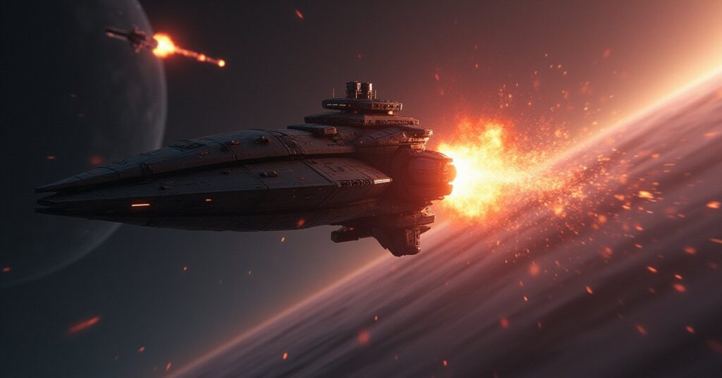 A starship planting explosive charges at the edge of a star system in Star Trek Fleet Command